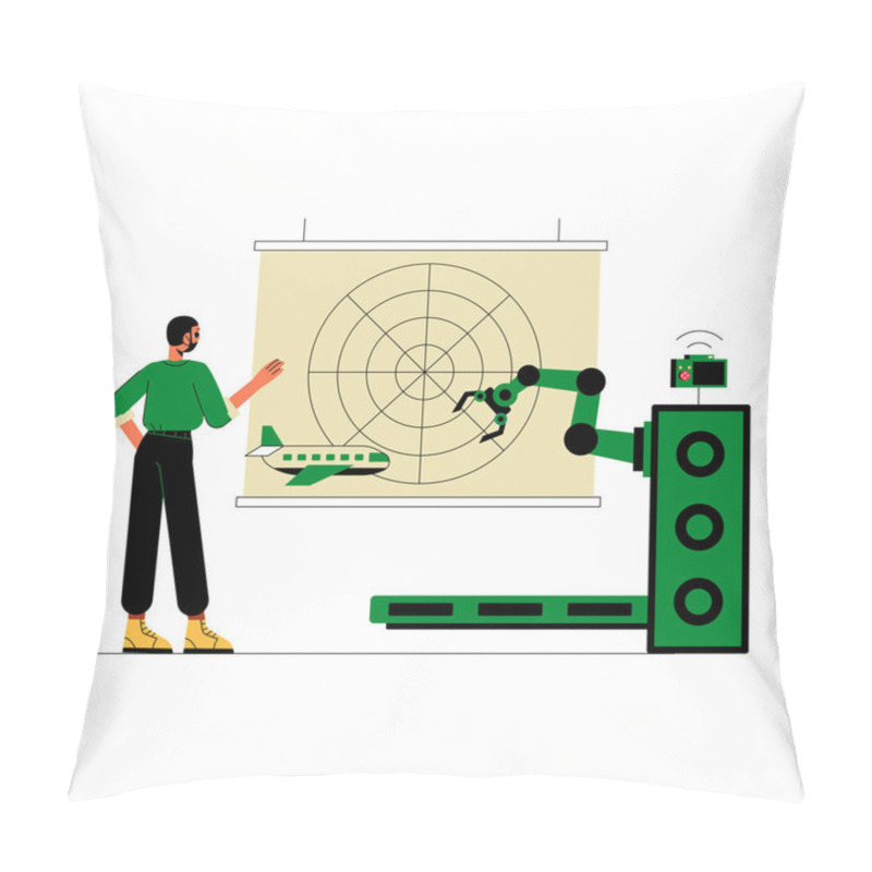 Personality  Male Character Interacts With A Robotic Arm Pointing To A Radar Screen And An Airplane Model, Symbolizing Technology Driven Aviation And Flight Planning. Pillow Covers