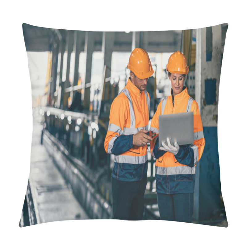 Personality  Engineer Safety Officer Team Man And Women Working Together With Laptop Checking Inspect In Heavy Industry Building Factory. Pillow Covers