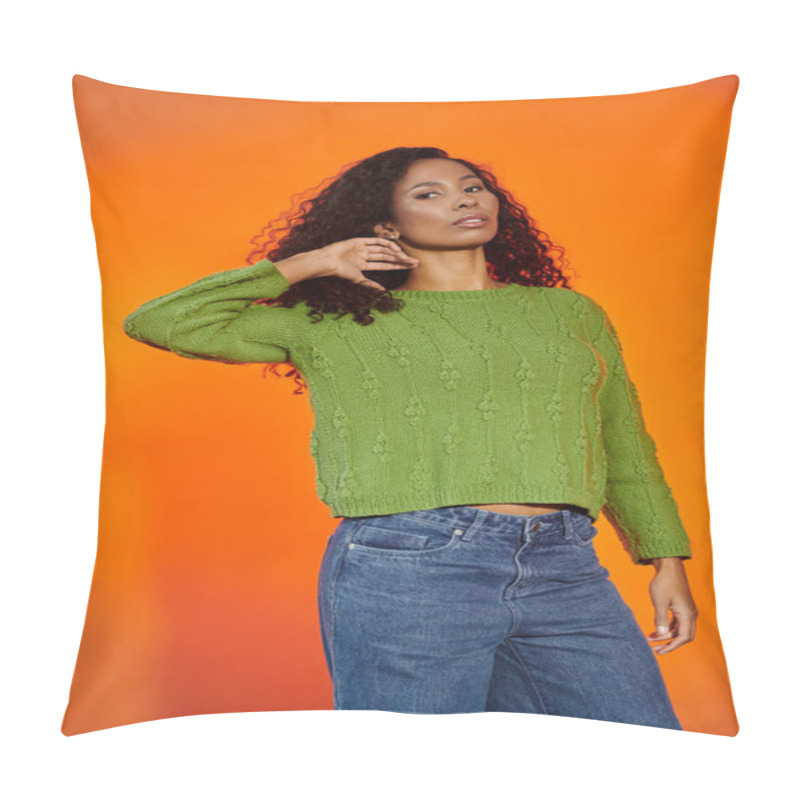 Personality  A Beautiful Woman Poses Confidently, Showcasing Her Stylish Green Sweater In Bold Colors. Pillow Covers