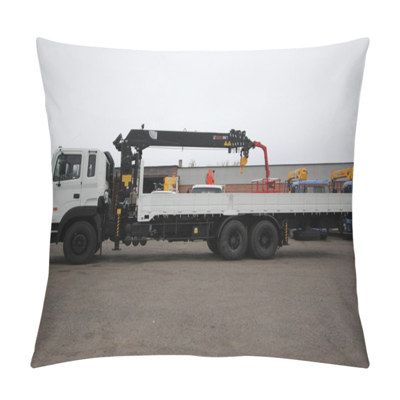 Personality  Great White Auto Truck Crane Standing On A Construction Site - Ukraine, Crimea - September, 21, 2016 Pillow Covers