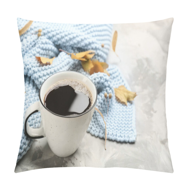 Personality  Composition With Hot Drink And Warm Plaid On Grey Table Pillow Covers