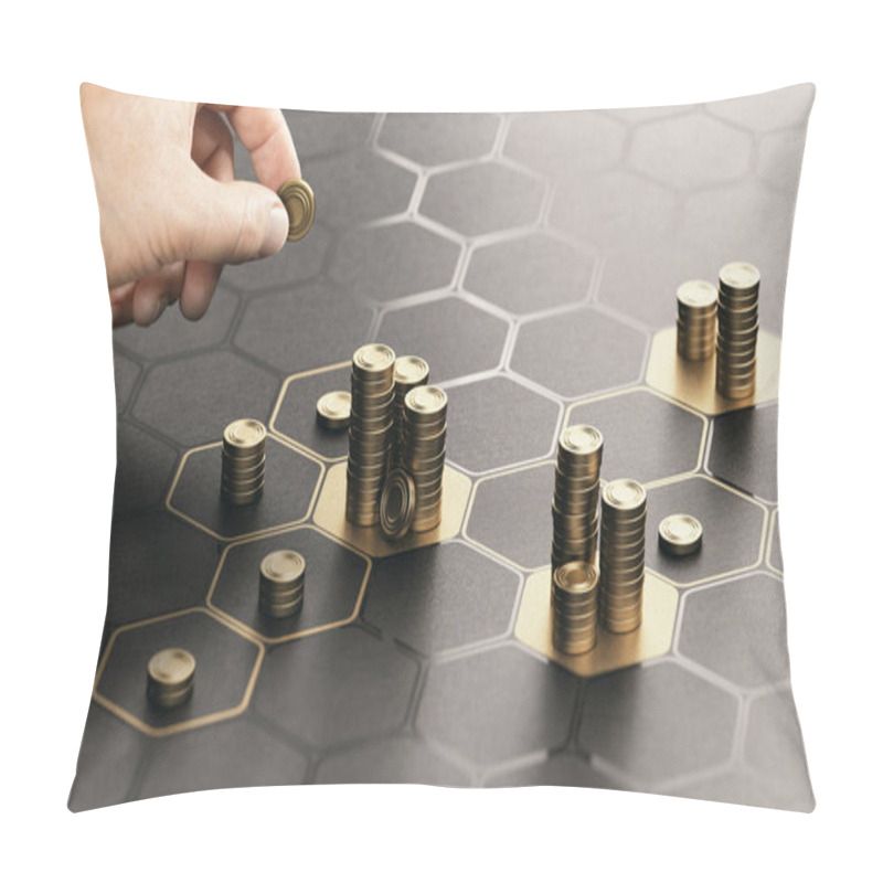 Personality  Human Hand Stacking Generic Coins Over A Black Background With Hexagonal Golden Shapes. Concept Of Investment Management And Portfolio Diversification. Composite Image Between A Hand Photography And A 3D Background. Pillow Covers