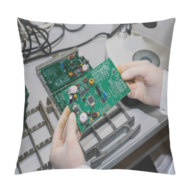 Personality  Microchip Production Factory. Technological Process. Assembling The Board. Computer Expert. Manufacturing. Engineering. Chip. Professional. Technician. Pillow Covers