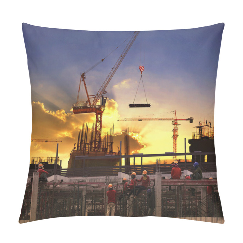 Personality  Worker Working In High Building Construction Site Against Beauti Pillow Covers