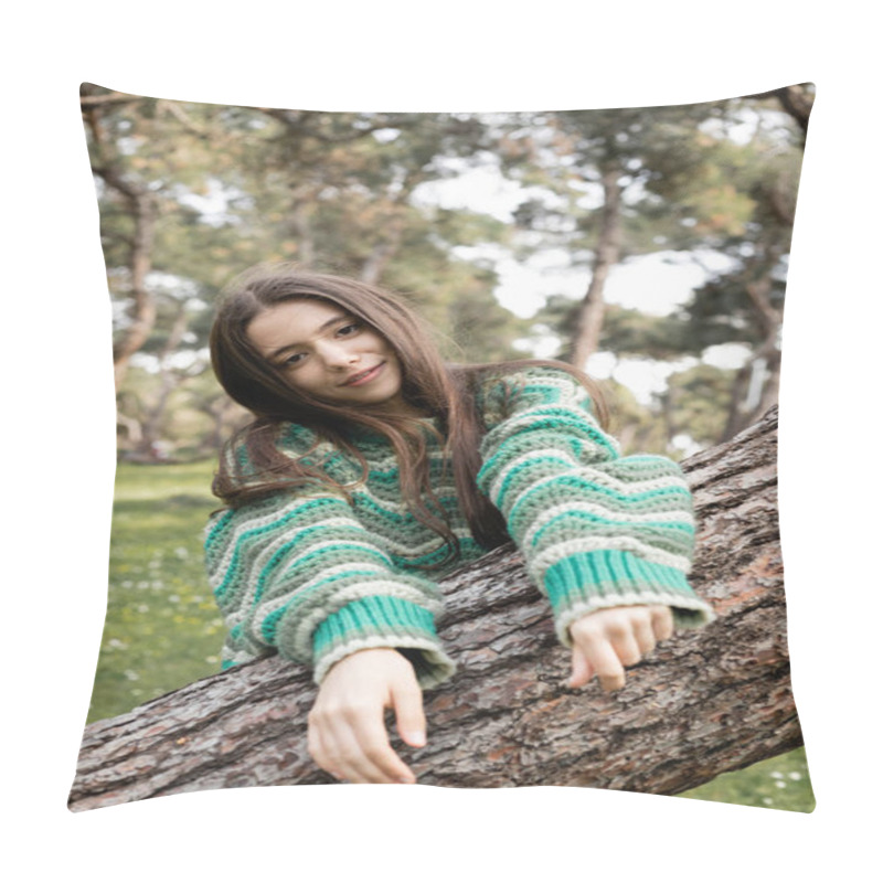 Personality  Portrait Of Smiling Young Woman In Knitted Sweater Looking At Camera Near Tree In Summer Park  Pillow Covers