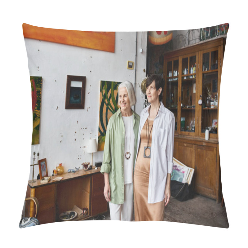 Personality  A Mature Lesbian Couple Standing United In An Art Studio Setting. Pillow Covers