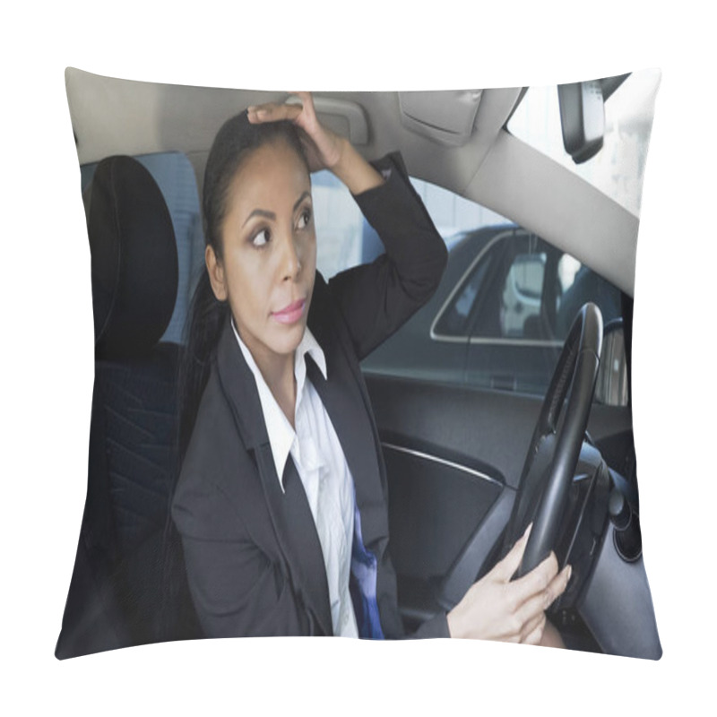 Personality  Successful Lady Boss Smartening Hairstyle Up, Looking Into Car Mirror, Beauty Pillow Covers