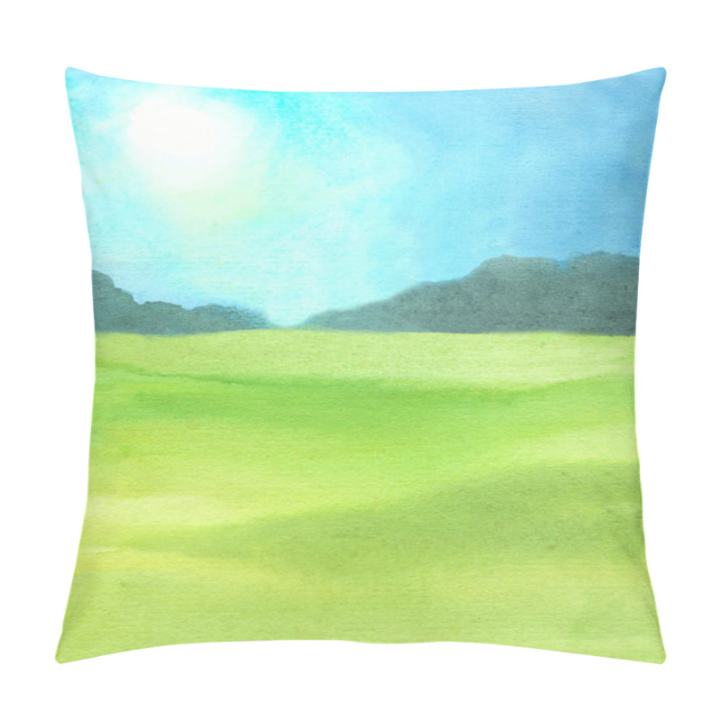 Personality  Watercolor Abstract Illustration Of Natural Summer Background With Green Grass Field, Blue Sky With Shining Sun Pillow Covers