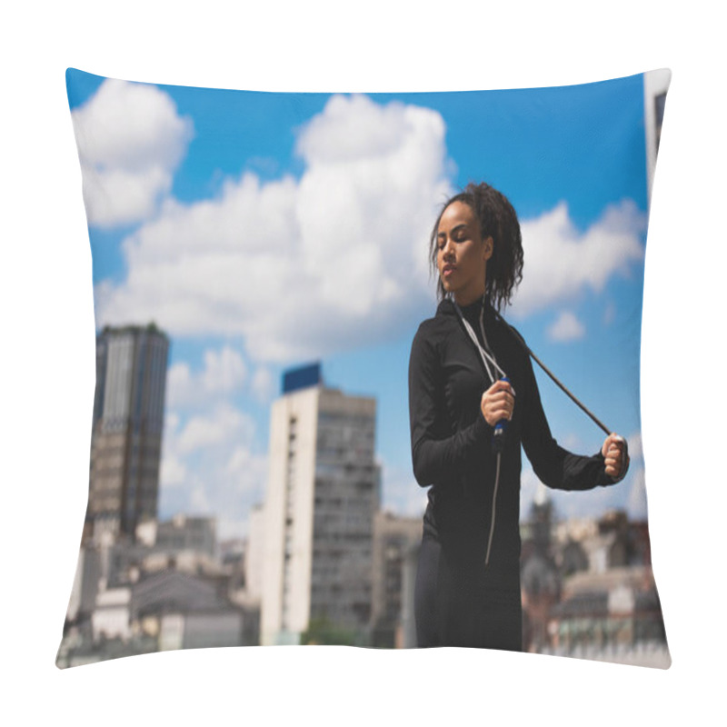 Personality  Young African American Sportswoman With Closed Eyes Holding Skipping Rope On Urban Street  Pillow Covers