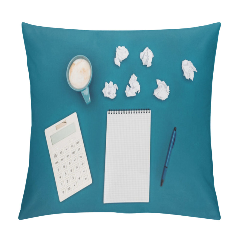 Personality  Top View Of Blank Notebook With Pen, Calculator And Crumpled Papers On Blue Pillow Covers