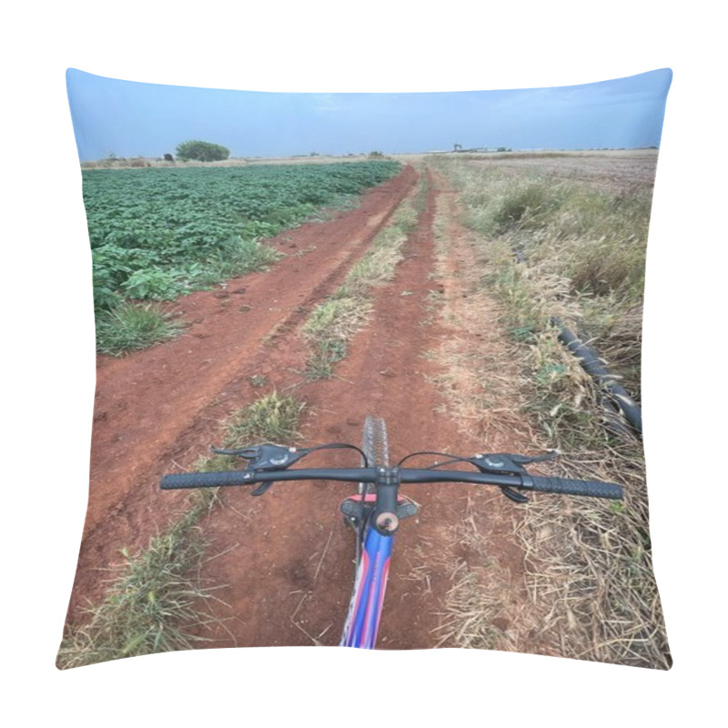 Personality  A Scenic Cycling Path In Avgorou, Cyprus, Featuring Vibrant Red Soil Tracks Bordered By Lush Green Vegetation And Golden Wheat Fields Under Blue Sky. Pillow Covers