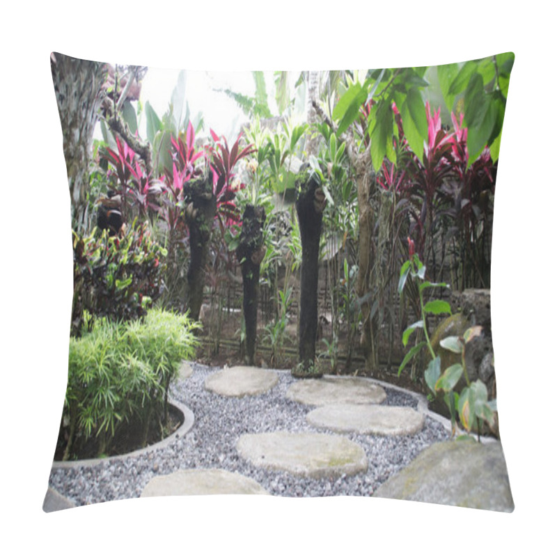 Personality  Tropical Garden Landscape With Stone Pathway, Lush Foliage, And Vibrant Plants On A Clear Day Pillow Covers