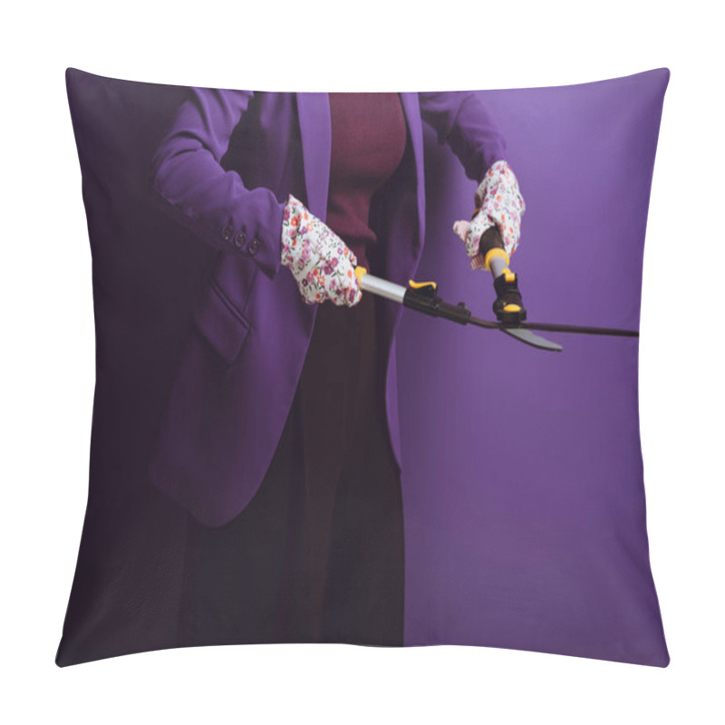 Personality  Cropped View Of Woman In Working Gloves Holding Gardening Scissors On Purple Background Pillow Covers