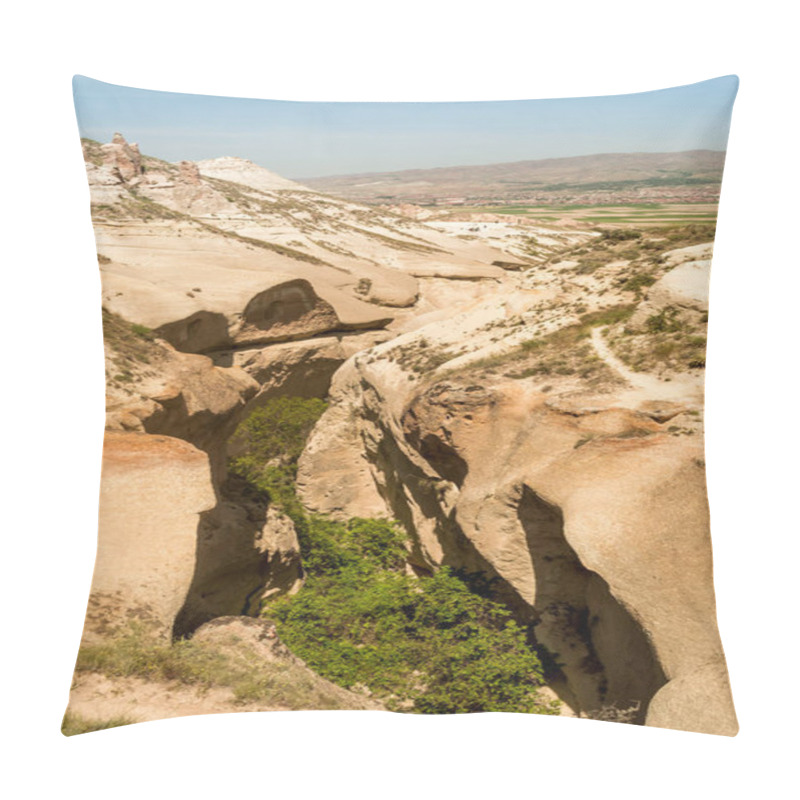 Personality  Elevated View Of Slopes And Trees With Cityscape Behind In Cappadocia, Turkey  Pillow Covers