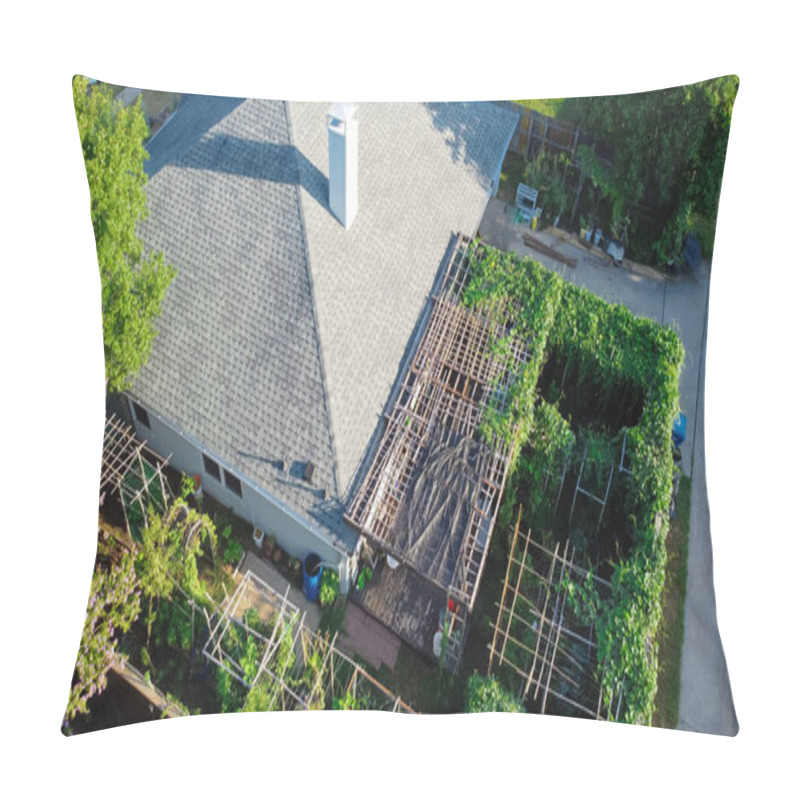 Personality  Brand New Shingle Roof On One Story Residential House With Pergola, Bamboo Trellis Compact Backyard Garden Near Dallas, Texas, America. Homegrown Organic Vegetables And Flower On Raised Beds Pillow Covers