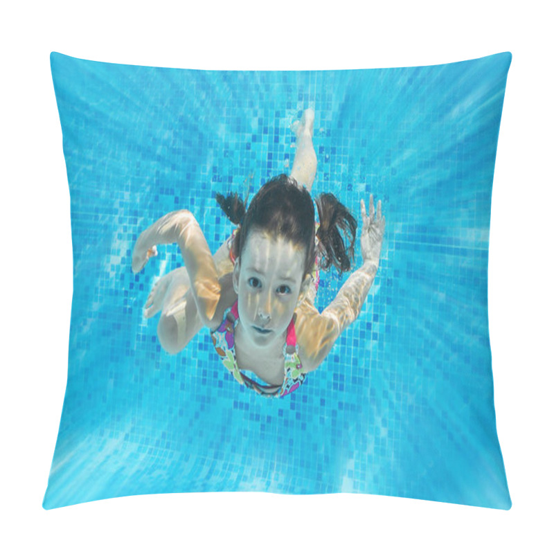 Personality  Child Swims In Pool Underwater, Happy Active Girl Dives And Has Fun Under Water, Kid Fitness And Sport On Family Vacation Pillow Covers