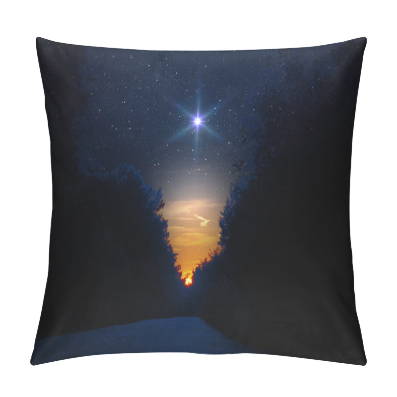 Personality  Bright Star In The Starry Night Sky. Silhouette Of The Forest And Night Road. Sunlight Over The Horizon. Christmas Star Of The Nativity Of Bethlehem, Nativity Of Jesus Christ. Pillow Covers