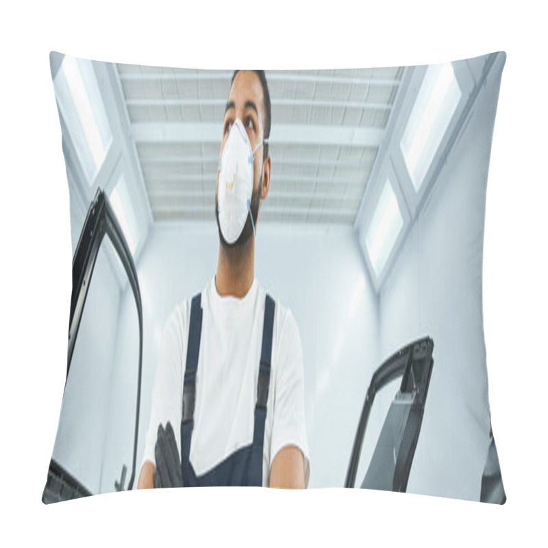 Personality  Handsome Mechanic Stands Confidently With Arms Crossed In A Clean, Bright Workshop Setting. Pillow Covers