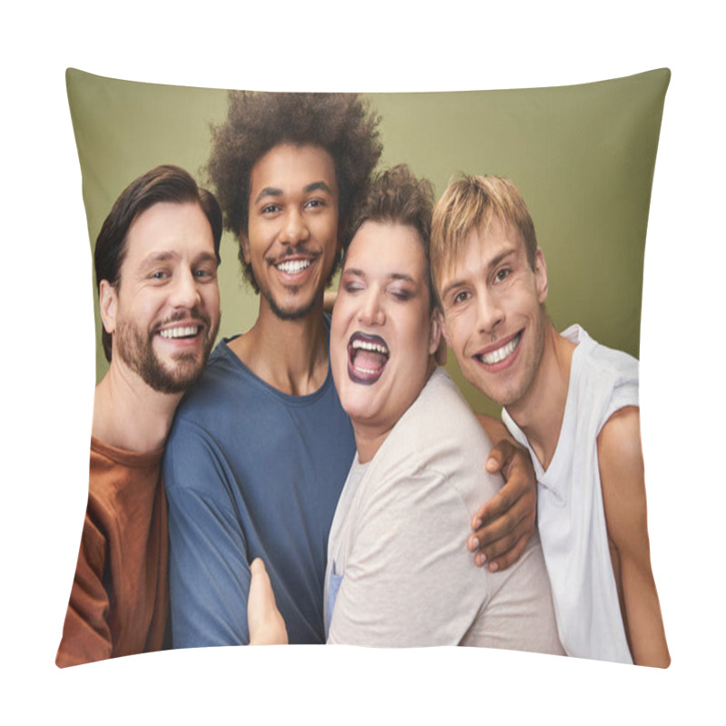 Personality  Friends Express Their Pride And Joy, Embracing One Another In A Lively Atmosphere. Pillow Covers