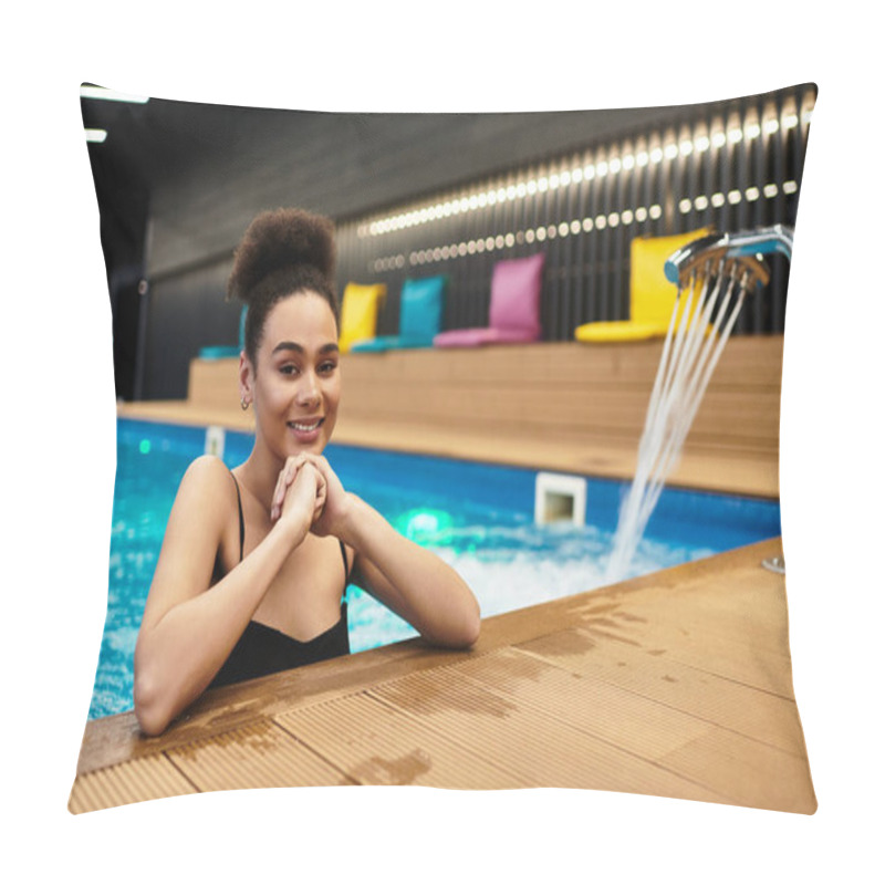 Personality  A Beautiful Young Woman Smiles While Relaxing By The Serene Spa Pool, Enjoying Her Moment Of Peace. Pillow Covers