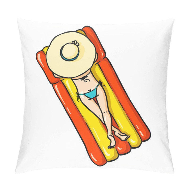 Personality  Cartoon Girl With Hat And Swimsuit Relaxing On Air Mattress. Vector Isolated Hand Drawn Character Top View Pillow Covers