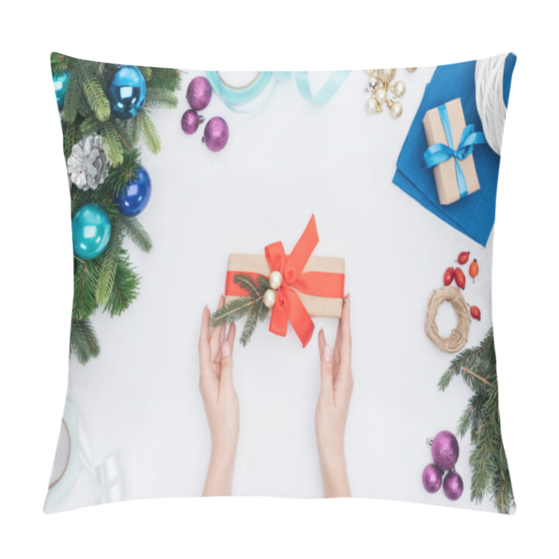 Personality  Cropped Shot Of Woman Holding Wrapped Christmas Present With Red Ribbon Isolated On White Pillow Covers