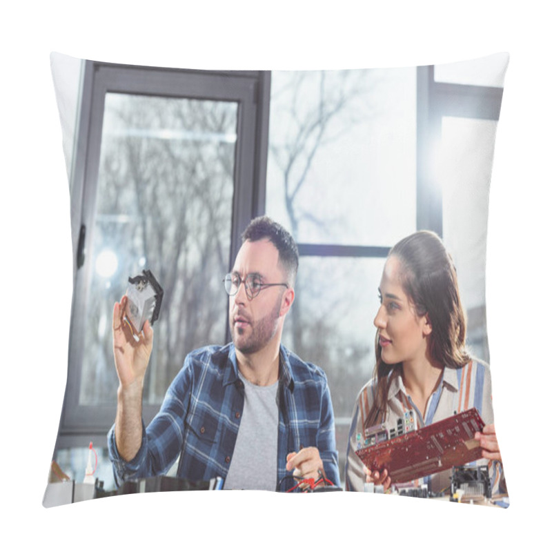 Personality  Woman And Man Engineers Looking At Hardware Element Pillow Covers