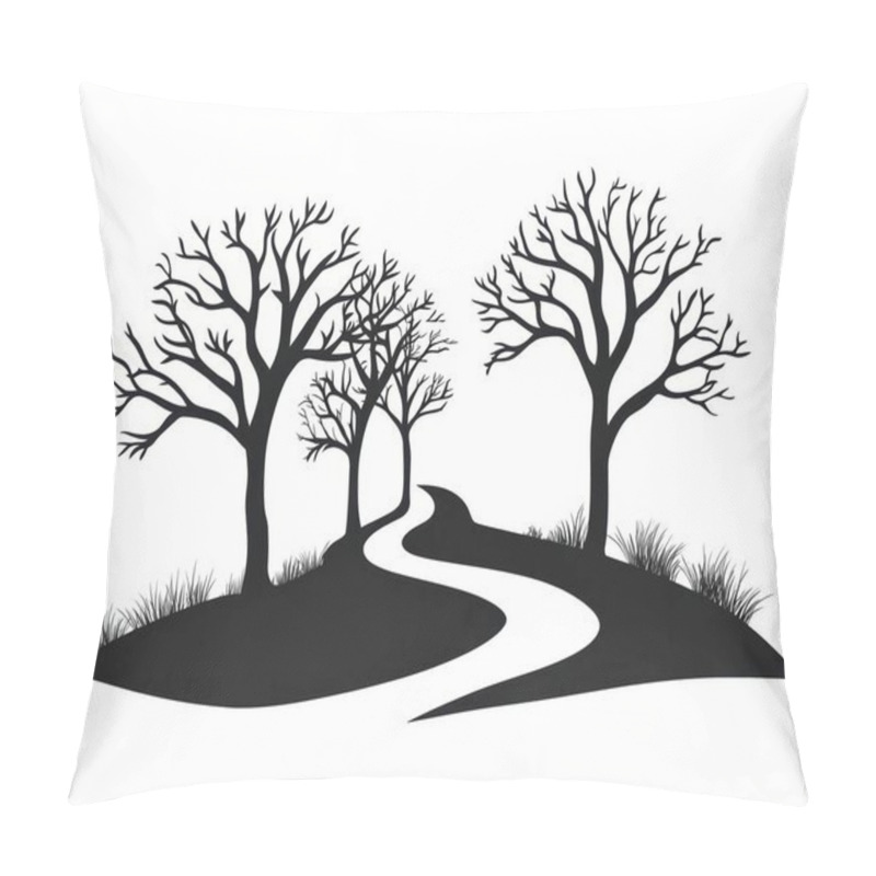 Personality  A Serene Landscape Featuring Silhouetted Bare Trees Lining A Winding Path. Pillow Covers