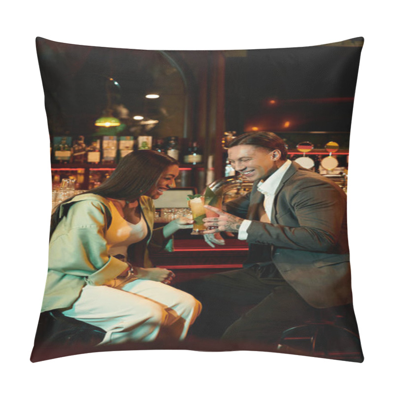 Personality  Tattooed Couple Shares Laughter And Drinks On A Cozy Date In A Trendy Bar Setting. Pillow Covers