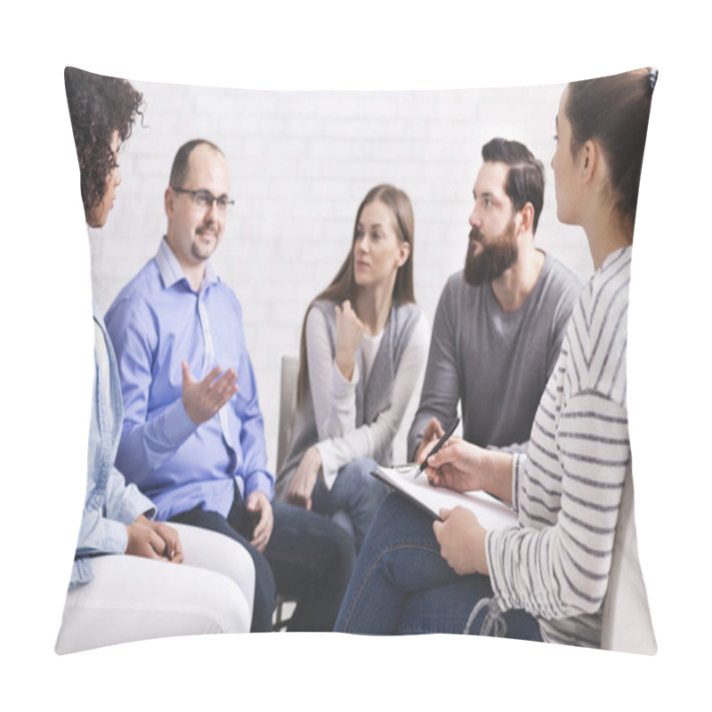 Personality  Man Talking With Psyhiatrist At Rehab Group Meeting Pillow Covers