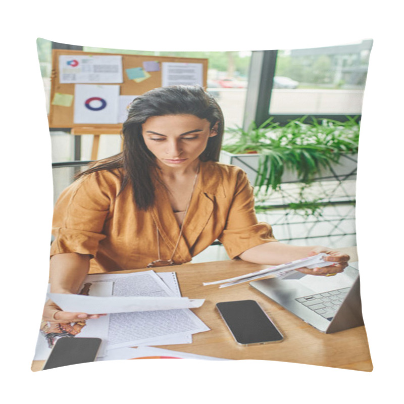 Personality  A Woman With Dark Brown Hair Sits At Her Desk, Reviewing Papers And Documents. Pillow Covers