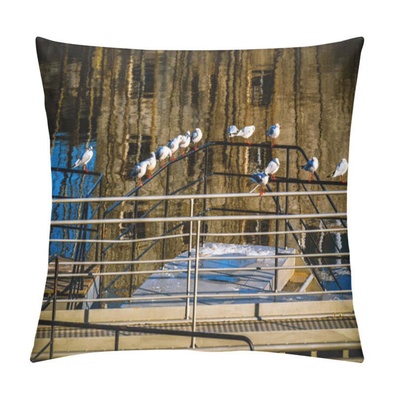 Personality  Seagulls Perched On Railings By The Water With Reflections Of Surrounding Structures Pillow Covers