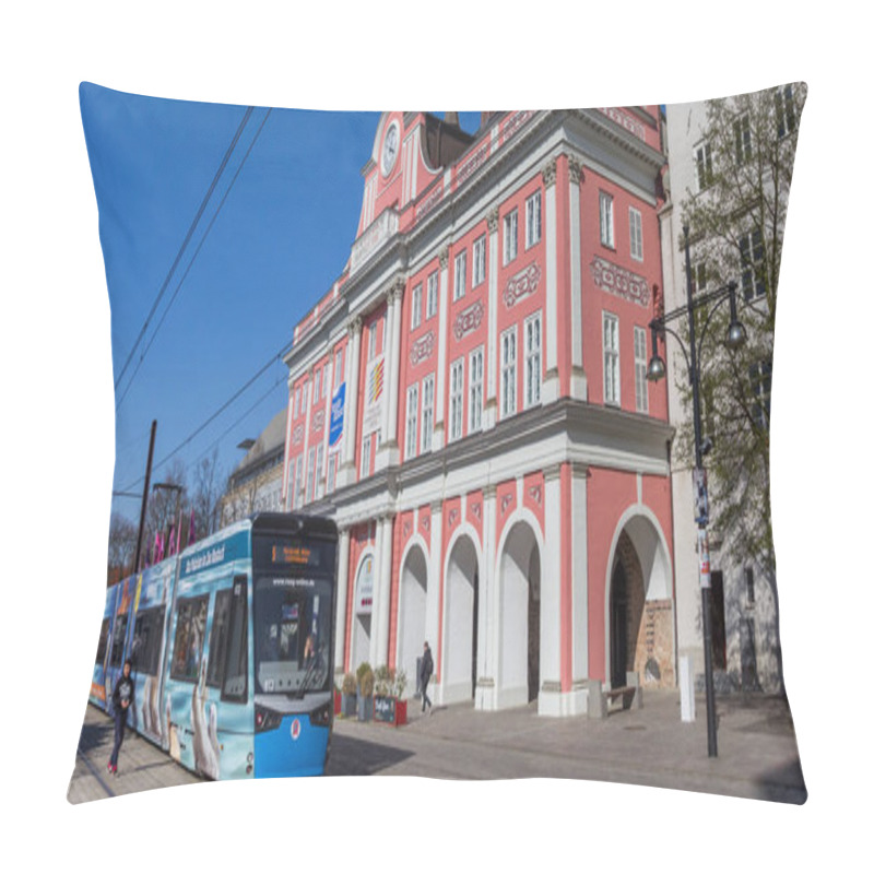 Personality  Tram In Front Of The Historic Town Hall Of Rostock Pillow Covers