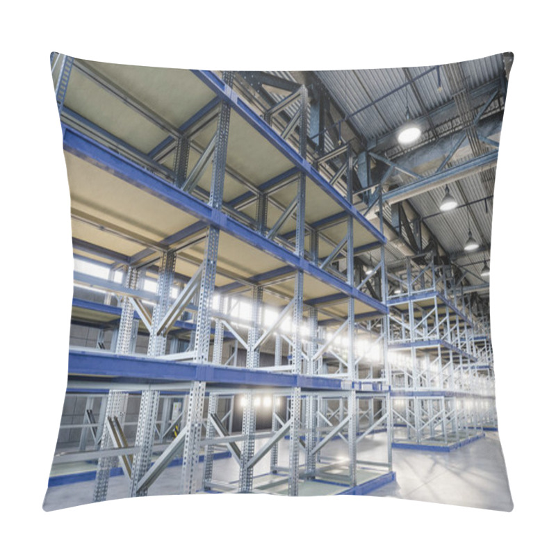 Personality  3D Illustration. Empty Storage Shelves In A Warehouse Or Storehouse. Industry, Logistic And Shipping Concept. Pillow Covers