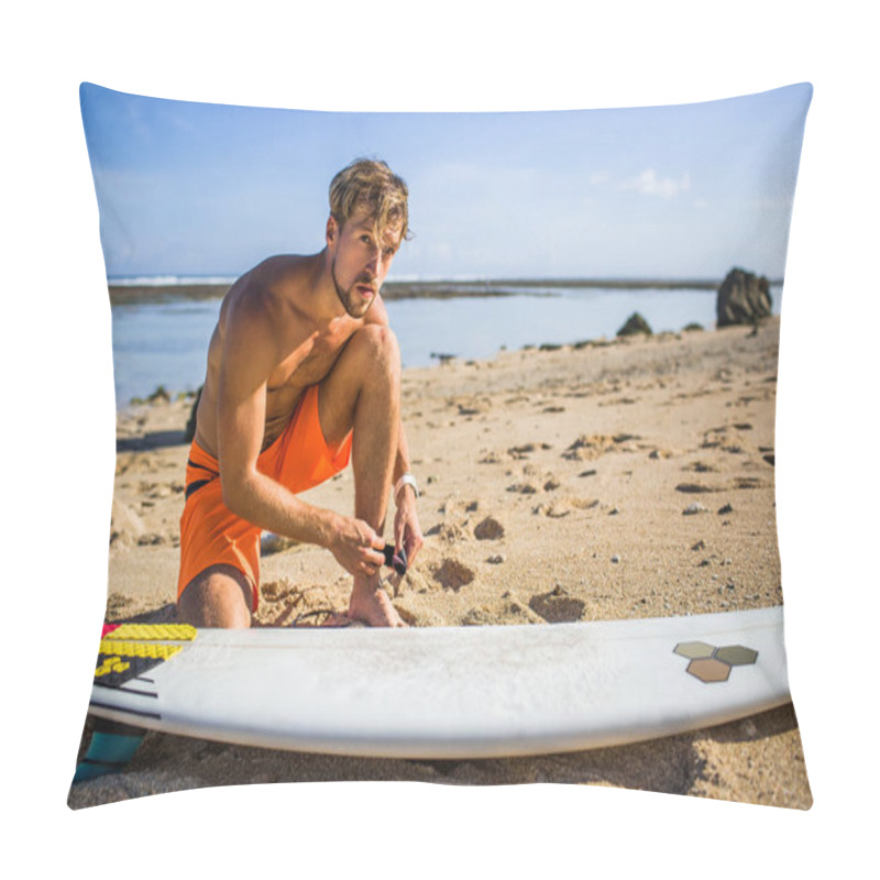 Personality  Young Sportsman Getting Ready For Surfing On Sandy Beach Pillow Covers