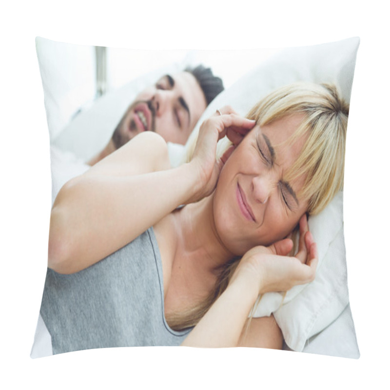 Personality  Young Woman Who Can Not Sleep Because Her Husband Snores. Pillow Covers