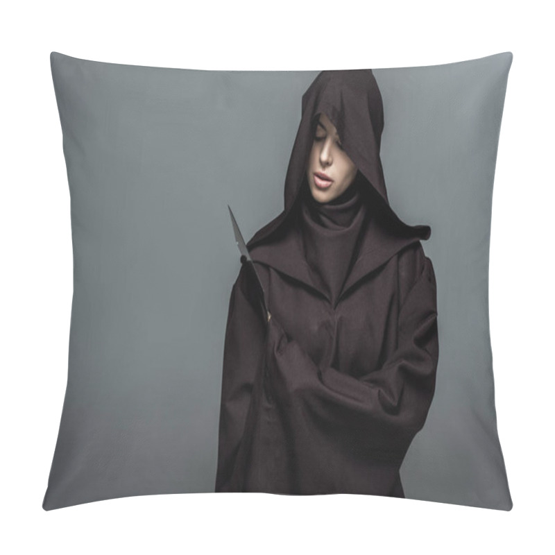 Personality  Woman In Death Costume Holding Knife Isolated On Grey Pillow Covers