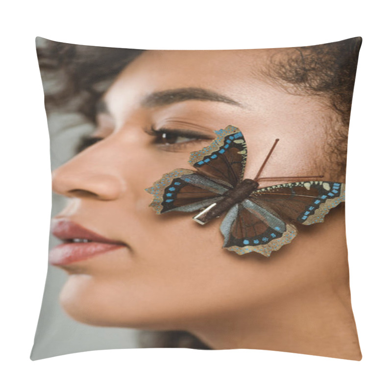 Personality  Close Up Of Pretty African American Woman With Butterfly On Face Isolated On Grey Pillow Covers