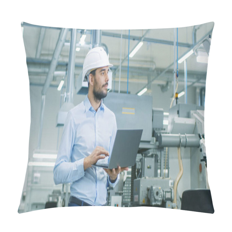 Personality  Chief Engineer In The Hard Hat Walks Through Light Modern Factory While Holding Laptop. Successful, Handsome Man In Modern Industrial Environment. Pillow Covers