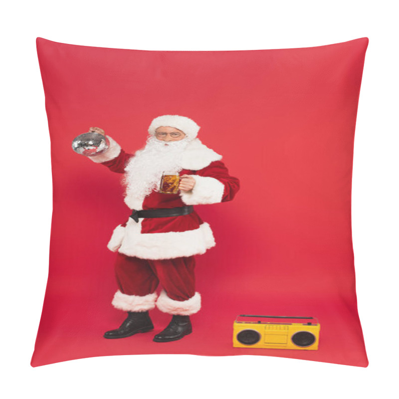 Personality  Santa Claus With Beer And Disco Ball Standing Near Boombox On Red Background Pillow Covers