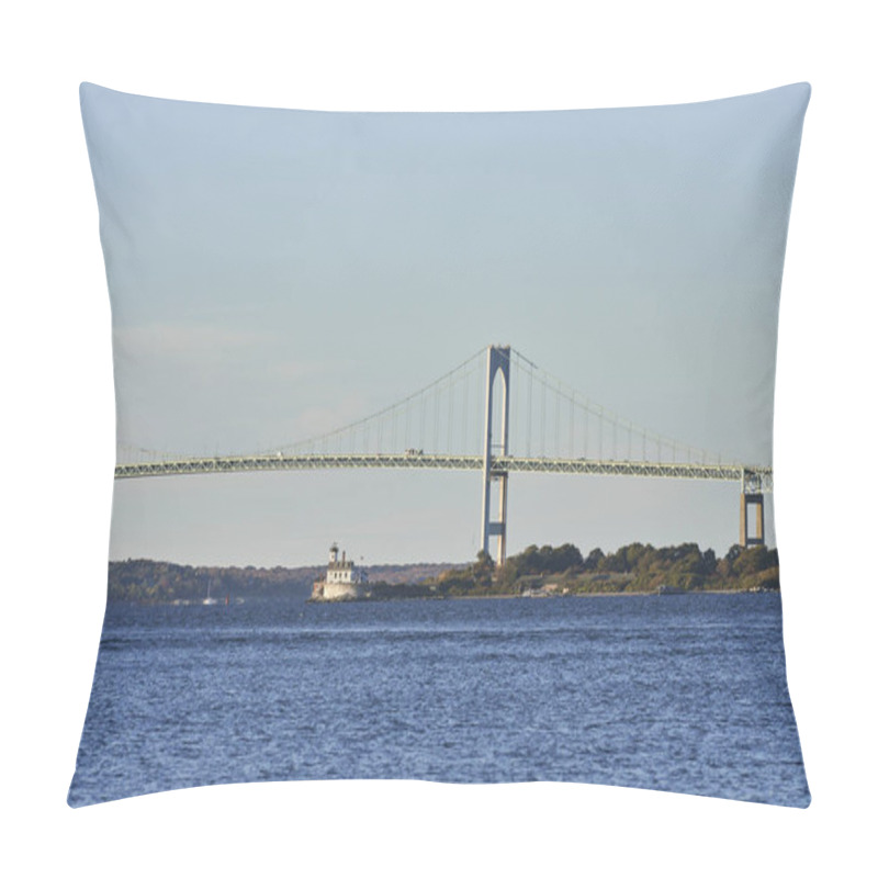 Personality  This Little White Light House Is Located On Rose Island Near Newport Rhode Island. In The Background Is Claiborne Pell Newport Bridge Pillow Covers