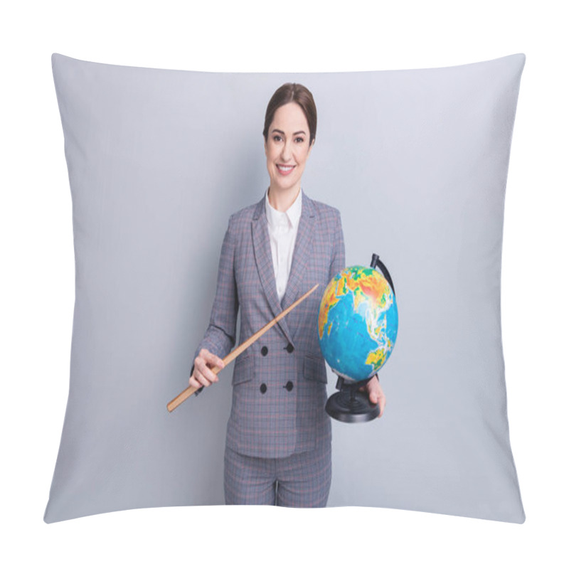 Personality  Portrait Of Her She Nice Attractive Cheerful Intellectual Tutor Wear Checkered Suit Holding In Hand Globe Demonstrating Country Map Planet Climate Ecology Isolated On Grey Pastel Color Background Pillow Covers