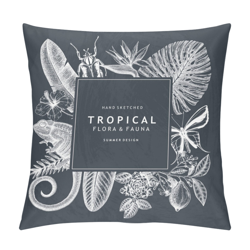 Personality  Tropical Wreath Design Won Chalkboard. Vector Invitation And Greeting Card With Hand Drawn Tropical Plants, Exotic Flowers, Palm Leaves, Insects And Chameleon Pillow Covers