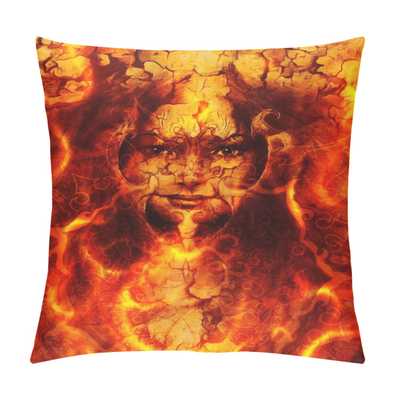 Personality  Beautiful Illustration Woman And Mandala In Fire, With Birds Phoenix On Your Face, On Multicolor Background. Eye Contact. Pillow Covers