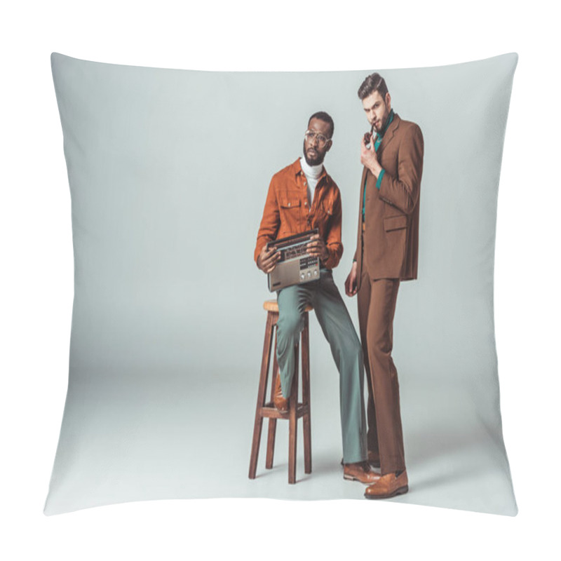 Personality  Multicultural Retro Styled Friends With Radio And Pipe On Grey Pillow Covers