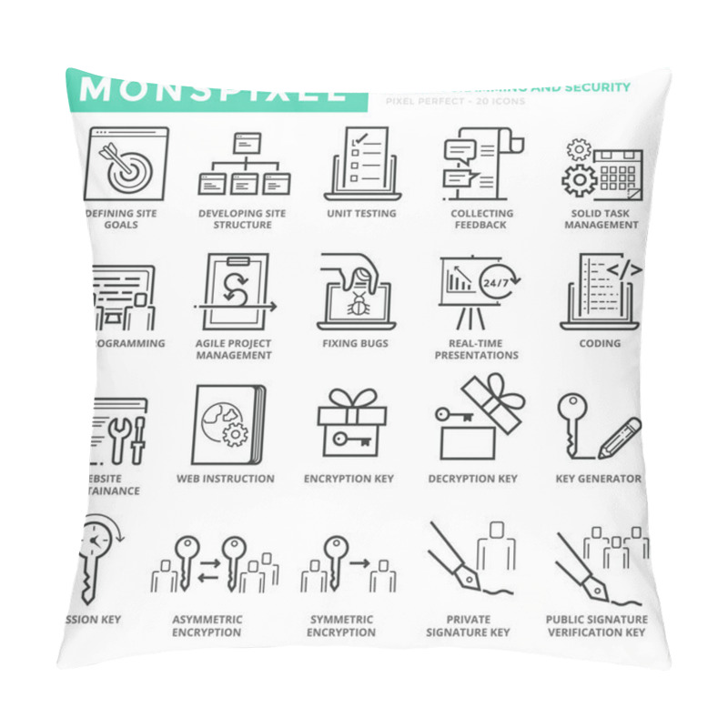 Personality  Flat Thin Line Icons Set Of Web Programming And Security Pillow Covers