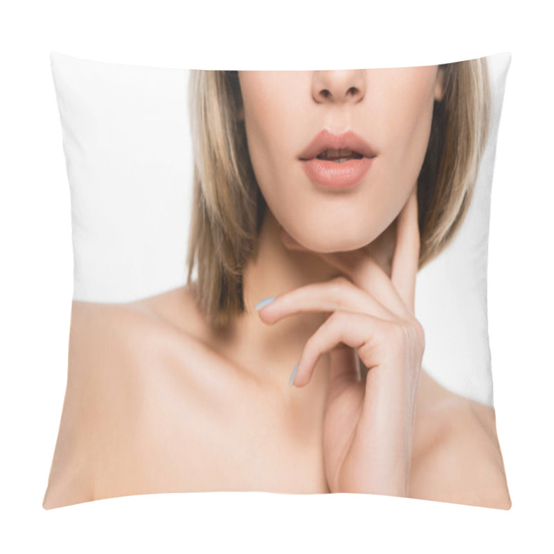 Personality  Cropped View Of Young Woman With Bare Shoulders Isolated On White Pillow Covers