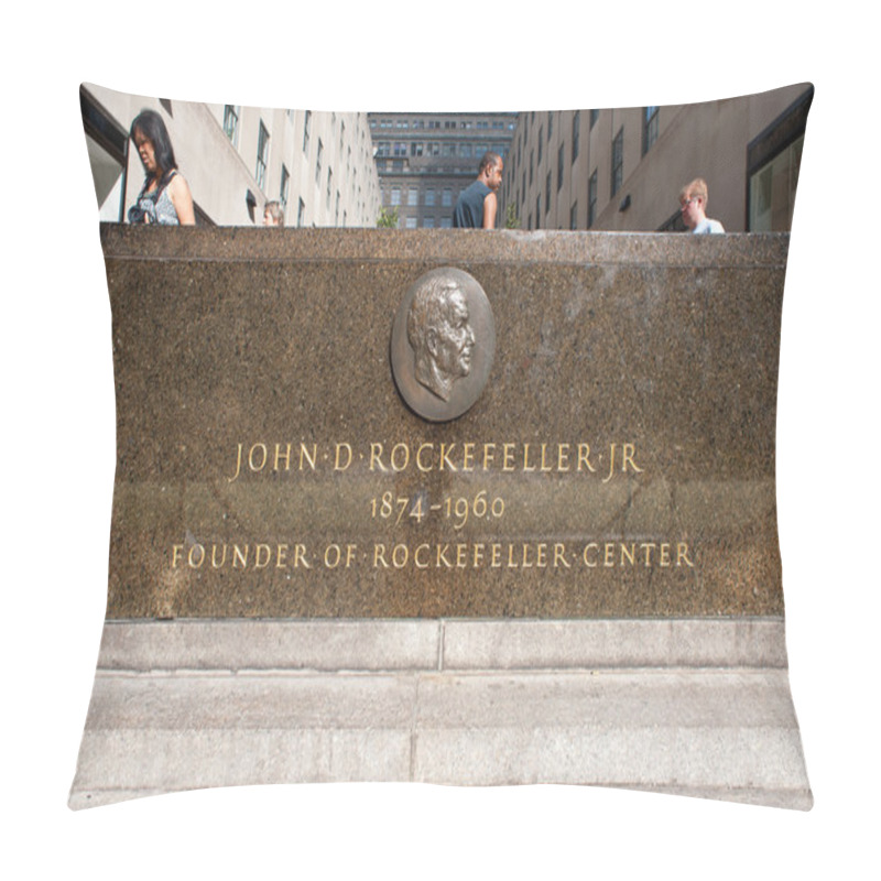 Personality  NEW YORK - JUNE 22: Rockefeller Commemorative Plaque On 5th Avenue On June 22, 2012 In New York. Pillow Covers