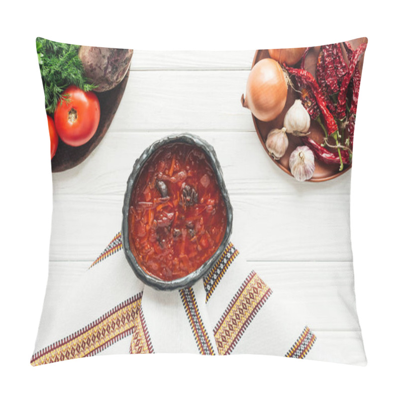 Personality  Traditional Beetroot Soup With Ingredients And Embroidered Towel On White Wooden Background Pillow Covers