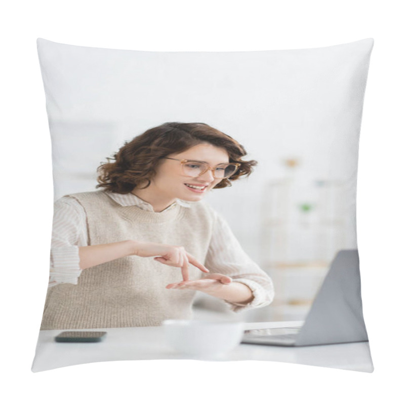 Personality  Happy Woman Showing Stand Word While Teaching Sign Language During Online Lesson On Laptop  Pillow Covers